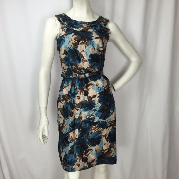 kate spade Dresses & Skirts - Kate Spade New York Blue & Brown Floral Sleeveless Silk Belted Dress Sz 6
